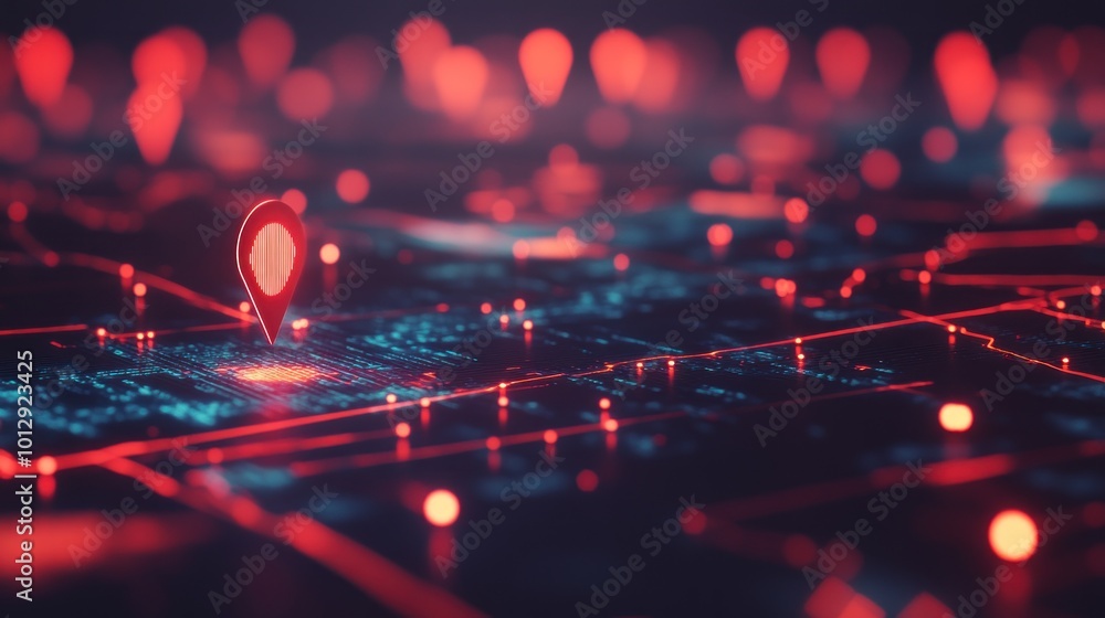Poster a digital map with glowing location pins, symbolizing navigation and data connectivity.