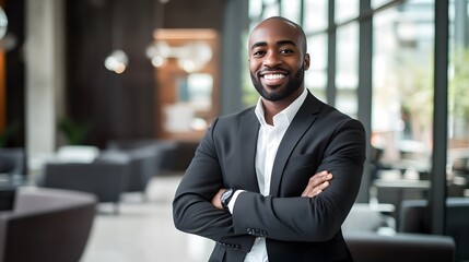 Fototapeta premium African American businessman in formal wear, showcasing confidence and professionalism in a modern office