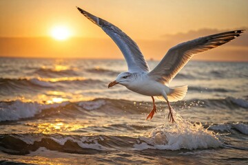 Fototapeta premium Seagull Soaring Above the Ocean at Sunrise