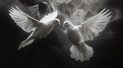 Obraz premium Two white doves soar together in a surreal smoke-filled atmosphere. The ethereal lighting emphasizes their white feathers as they seem to glide through soft tendrils of smoke, adding a mystical touch
