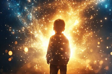 A Silhouetted Child Gazing at a Celestial Burst of Golden Light