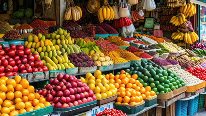 Obraz premium Cultural Exploration in a Bustling Asian Fruit Market: A Vibrant Journey