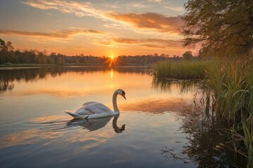 Fototapeta premium Swan Gliding on a Serene Lake at Sunset