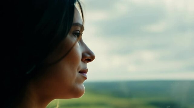 A serene profile of a young woman looking into the distance, her face illuminated by soft natural light, expressing peaceful contemplation.