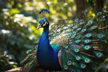 Obraz premium Peacock Displaying Its Iridescent Feathers in a Lush Garden