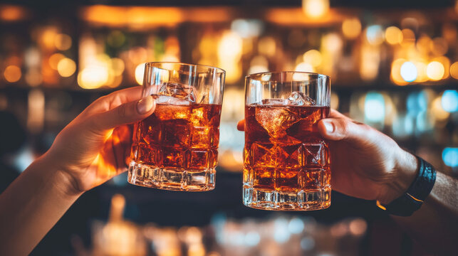 Two friends raise their glasses in celebration at a lively bar or nightclub.
