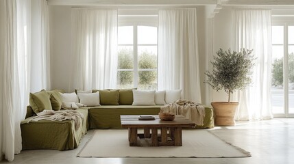 Fototapeta premium A minimalist Mediterranean-style living room with whitewashed walls