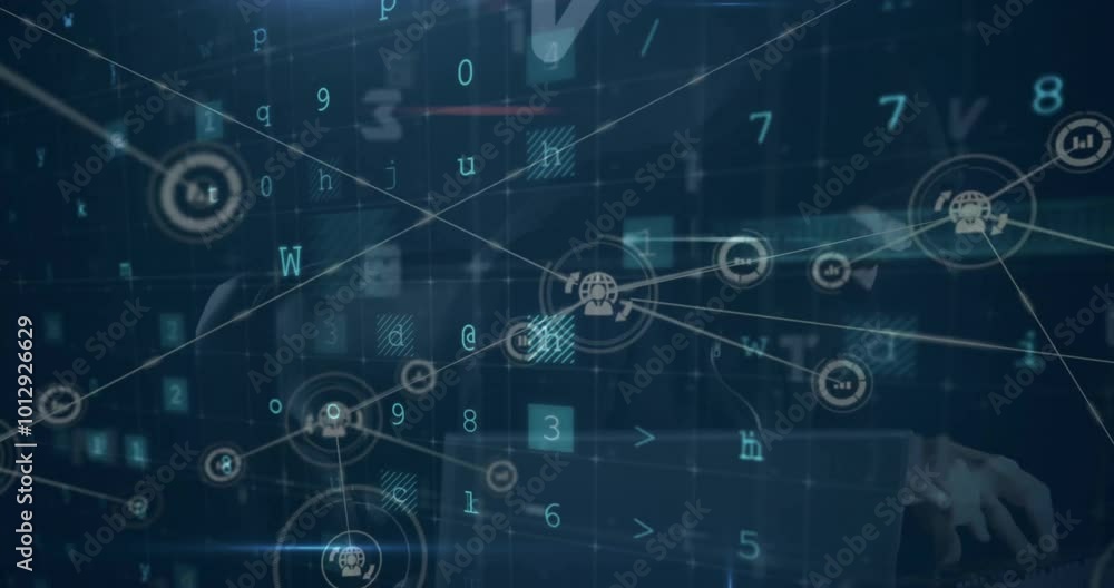 Poster animation of network of connections over data processing on black background