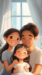 Obraz premium A happy family of three, a mother, father and daughter, smiling brightly at the camera. The illustration is in a cartoon style.
