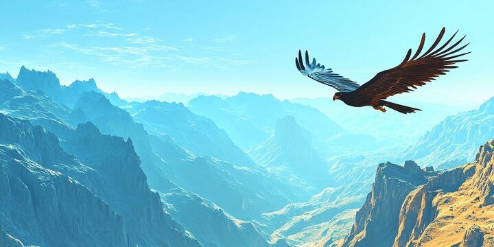 A hawk soars over a vast mountain range, its wings spread wide against the blue sky.
