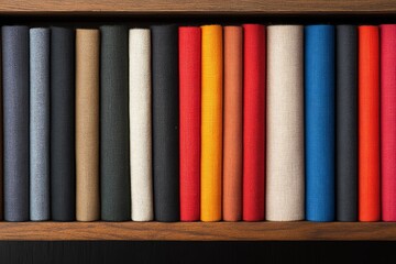 Naklejka premium Colorful fabric rolls neatly arranged on a wooden shelf.
