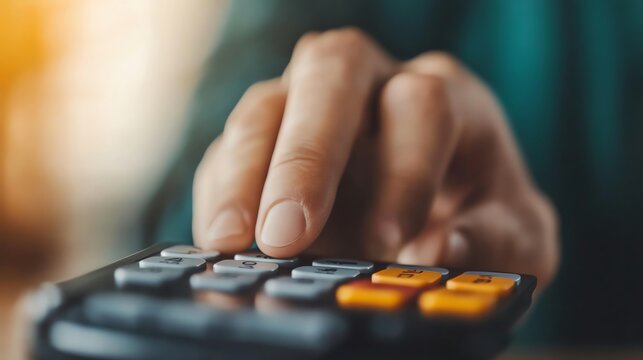 Close-up of a hand pressing buttons on a calculator with soft background.