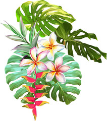 Bouquet of tropical flowers. Summer bouquet of flowers. Hibiscus, orchid, plumeria, paradise flowers. Exotic, tropical