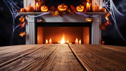 Wooden table top fireplace Halloween decor.