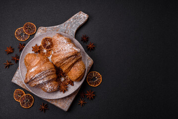 Delicious crispy sweet croissant with chocolate