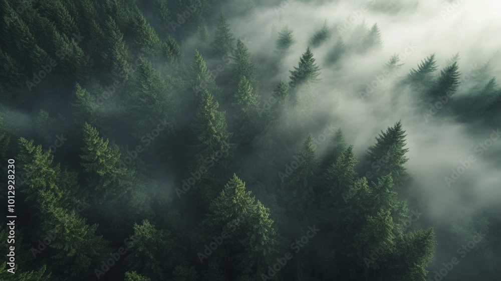 Poster a stunning aerial view of a dense evergreen forest partially covered in mist, creating a mysterious 