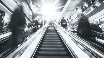 Fototapeta premium People customer transport on escalator at urban shopping mall, Department store business, financial economy,city life, tourist traveler lifestyle,Motion blur,copy space.