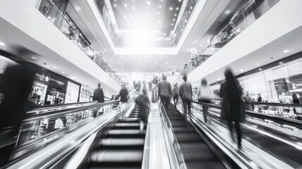 Naklejka premium People customer transport on escalator at urban shopping mall, Department store business, financial economy,city life, tourist traveler lifestyle,Motion blur,copy space.