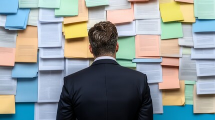 Person in suit looking at colorful notes on a wall, deep in thought.