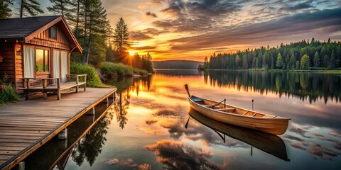 A rustic wooden cabin nestled beside a tranquil lake at sunset, a lone wooden boat gently bobbing on the water, inviting quiet contemplation and peaceful retreat.