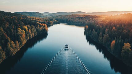 view from the top of the river in the forest with boats moving at sunset