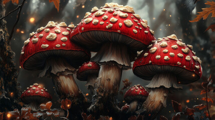 A cluster of red and white mushrooms with white spots grow in a dark, enchanted forest. The light from fireflies illuminates the scene, creating a magical atmosphere.