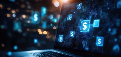 Laptop screen displaying digital currency symbols.