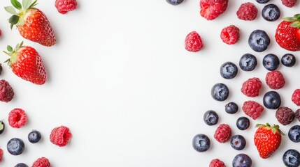A fresh mix of berries, including strawberries, blueberries, and raspberries, isolated on white