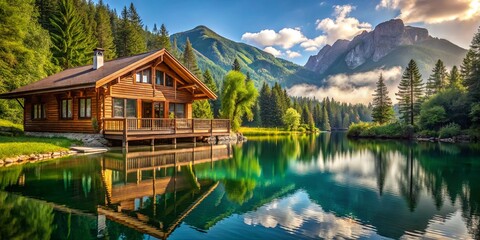 Fototapeta premium A serene wooden cabin nestled on the shore of a tranquil lake, surrounded by a dense forest and towering mountains, with a reflection of the sky and clouds in the still water.
