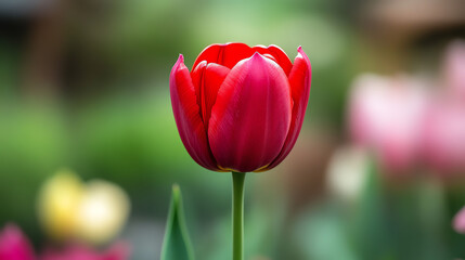 A beautiful red rose with green leaves stands out in a garden setting.

