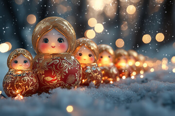 Cheerful Russian nesting dolls in a winter wonderland with glowing lights