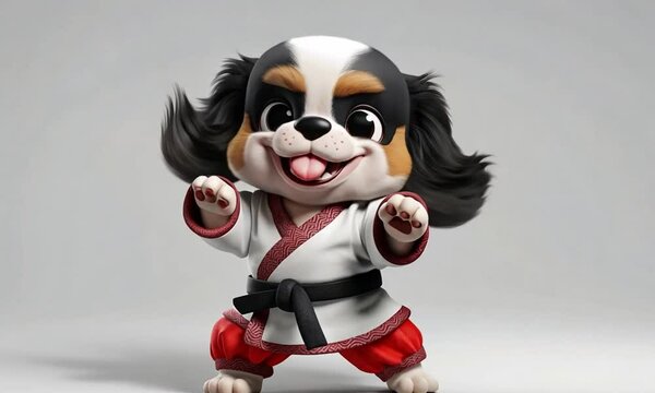 Digital illustration of cartoon puppy in martial arts robe, playful and colorful style.