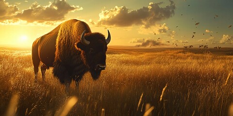 A lone bison stands in a field of tall grass at sunset, with a flock of birds flying overhead.