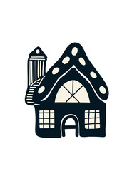 cartoon house with chimney, black and white