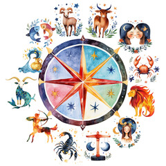 Naklejka premium Watercolor Zodiac Wheel Illustration.