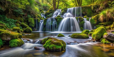A cascading waterfall amidst lush greenery, with moss-covered rocks forming a serene natural pool