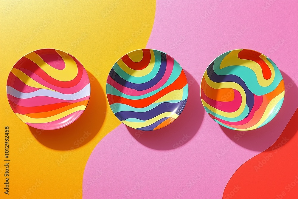 Poster three colorful plates with a wave pattern on them. the plates are arranged in a row. the background 