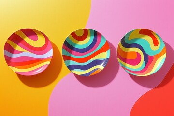 Three colorful plates with a wave pattern on them. The plates are arranged in a row. The background is pink and orange. bright stickers in a solid complimentary background,