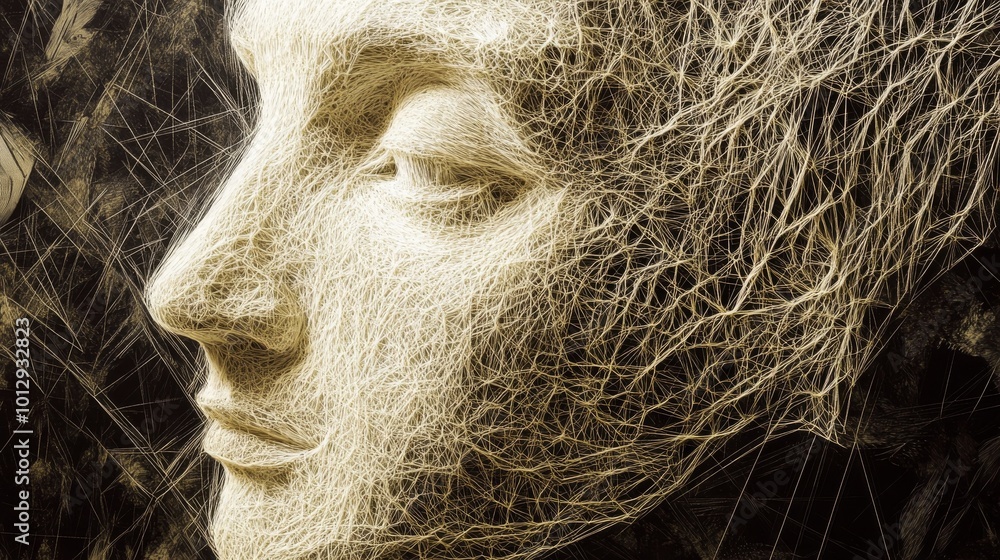 Poster this abstract artwork features a face formed by intricate, woven lines, creating a textured and glow