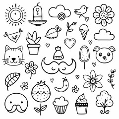 Cute Doodle Elements: Black Vector Hearts and Flowers Illustration