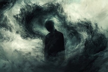 Obraz premium A Silhouette of a Person Submerged in Swirling Smoke