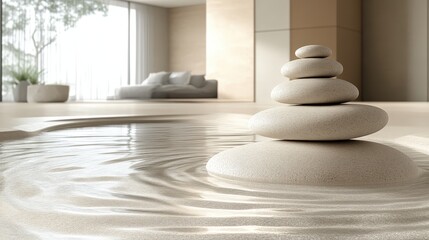 Modern Zen Interior With Stacked Stones And Rippling Water Creating A Serene Minimalist Meditation Space