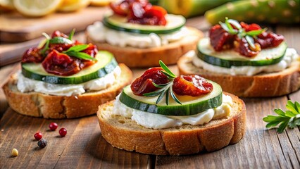 Sun-dried Tomato and Cucumber Toasts with Creamy Spread and Fresh Herbs on a Wooden Surface