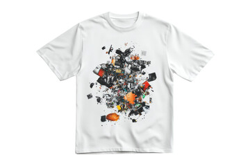 Artistic design featuring a burst of colorful objects on a white t-shirt, perfect for creative apparel.