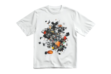Artistic design featuring a burst of colorful objects on a white t-shirt, perfect for creative apparel.