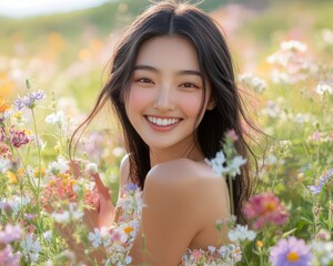Asian woman smiling in a field of wildflowers, natural sunlight enhancing her glowing skin, natureinspired beauty