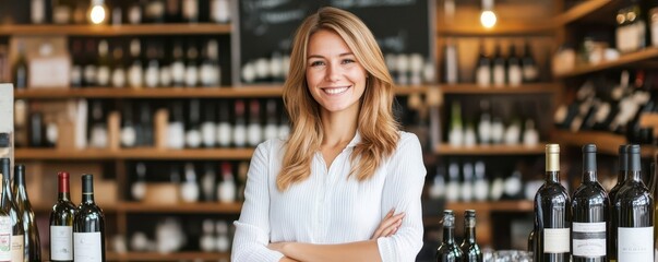 Confident woman smiles at the camera in a wine shop, surrounded by shelves filled with a variety of wine bottles.