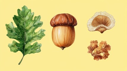 Watecolor set of Oak Tree Branch on color background,Thanksgiving card,leaves,Green Leaves,Acorns,autumn fruits,nuts,Colorful autumn collection,Hand drawn illustration.