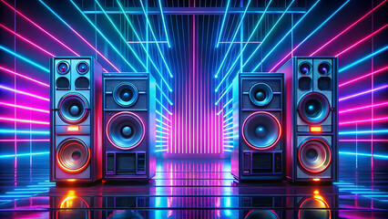 A 1980s-style stereo system with neon speakers emitting futuristic sound waves.