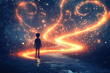Obraz premium A Solitary Figure Gazing at a Glowing Path of Light in a Dark Forest